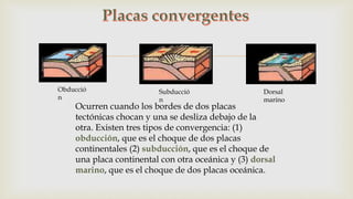
Ocurren cuando los bordes de dos placas
tectónicas chocan y una se desliza debajo de la
otra. Existen tres tipos de convergencia: (1)
obducción, que es el choque de dos placas
continentales (2) subducción, que es el choque de
una placa continental con otra oceánica y (3) dorsal
marino, que es el choque de dos placas oceánica.
Obducció
n
Subducció
n
Dorsal
marino
 