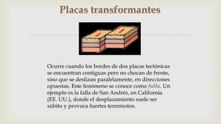 
Ocurre cuando los bordes de dos placas tectónicas
se encuentran contiguas pero no chocan de frente,
sino que se deslizan paralelamente, en direcciones
opuestas. Este fenómeno se conoce como falla. Un
ejemplo es la falla de San Andrés, en California
(EE. UU.), donde el desplazamiento suele ser
súbito y provoca fuertes terremotos.
 