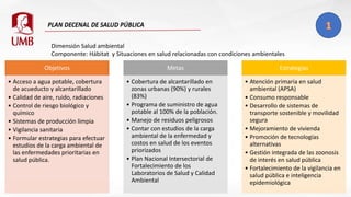 Dimensión Salud ambiental
Componente: Hábitat y Situaciones en salud relacionadas con condiciones ambientales
Objetivos
• Acceso a agua potable, cobertura
de acueducto y alcantarillado
• Calidad de aire, ruido, radiaciones
• Control de riesgo biológico y
químico
• Sistemas de producción limpia
• Vigilancia sanitaria
• Formular estrategias para efectuar
estudios de la carga ambiental de
las enfermedades prioritarias en
salud pública.
Metas
• Cobertura de alcantarillado en
zonas urbanas (90%) y rurales
(83%)
• Programa de suministro de agua
potable al 100% de la población.
• Manejo de residuos peligrosos
• Contar con estudios de la carga
ambiental de la enfermedad y
costos en salud de los eventos
priorizados
• Plan Nacional Intersectorial de
Fortalecimiento de los
Laboratorios de Salud y Calidad
Ambiental
Estrategias
• Atención primaria en salud
ambiental (APSA)
• Consumo responsable
• Desarrollo de sistemas de
transporte sostenible y movilidad
segura
• Mejoramiento de vivienda
• Promoción de tecnologías
alternativas
• Gestión integrada de las zoonosis
de interés en salud pública
• Fortalecimiento de la vigilancia en
salud pública e inteligencia
epidemiológica
 