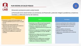 Dimensión convivencia social y salud mental
a) Promoción de la salud mental y la convivencia. b) Prevención y atención integral a problemas y trastornos
mentales y a diferentes formas de violencia.
Objetivos
•Fomentar la cultura del autocuidado y la
corresponsabilidad social en torno a la salud
mental.
•Intervenir de manera positiva los
determinantes psicosociales de la salud y la
calidad de vida de la población
•Fortalecer la gestión institucional y
comunitaria para garantizar la atención
integral de los problemas y trastornos
mentales
Metas
•Aumentar en un 30% el nivel de percepción
de seguridad de la población general
•Adopción y adaptación del 100% de
municipios y departamentos de la política de
salud mental
•Disminuir la tasa de mortalidad por suicidio y
lesiones autoinflingidas a 4,7 por 100.000
habitantes
•Mantener por debajo de 5,5% la prevalencia
año del consumo de marihuana en la
población escolar.
•Implementar en el 100% de los municipios
del país el Sistema de Vigilancia en Salud
Pública de la Violencia Intrafamiliar
Estrategias
•Entornos protectores de la salud menta
•Entornos favorables para la convivencia
•Agenda psicosocial para víctimas del
conflicto
•Políticas públicas de desarme
•Atención al impacto de la violencia
•Vigilancia en salud pública de la violencia
intrafamiliar
 