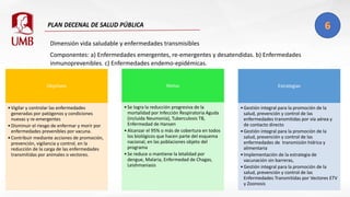 Dimensión vida saludable y enfermedades transmisibles
Componentes: a) Enfermedades emergentes, re-emergentes y desatendidas. b) Enfermedades
inmunoprevenibles. c) Enfermedades endemo-epidémicas.
Objetivos
•Vigilar y controlar las enfermedades
generadas por patógenos y condiciones
nuevas y re-emergentes
•Disminuir el riesgo de enfermar y morir por
enfermedades prevenibles por vacuna.
•Contribuir mediante acciones de promoción,
prevención, vigilancia y control, en la
reducción de la carga de las enfermedades
transmitidas por animales o vectores.
Metas
•Se logra la reducción progresiva de la
mortalidad por Infección Respiratoria Aguda
(incluida Neumonía), Tuberculosis TB,
Enfermedad de Hansen
•Alcanzar el 95% o más de cobertura en todos
los biológicos que hacen parte del esquema
nacional, en las poblaciones objeto del
programa
•Se reduce o mantiene la letalidad por
dengue, Malaria, Enfermedad de Chagas,
Leishmaniasis
Estrategias
•Gestión integral para la promoción de la
salud, prevención y control de las
enfermedades transmitidas por vía aérea y
de contacto directo
•Gestión integral para la promoción de la
salud, prevención y control de las
enfermedades de transmisión hídrica y
alimentaria
•Implementación de la estrategia de
vacunación sin barreras,
•Gestión integral para la promoción de la
salud, prevención y control de las
Enfermedades Transmitidas por Vectores ETV
y Zoonosis
 