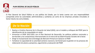 El Plan Decenal de Salud Pública es una política de Estado, por lo tanto cuenta con una responsabilidad
compartida entre las autoridades administrativas y sanitarias así como de las empresas privadas vinculadas al
Sector Salud y las comunidades.
• Realizar el Análisis Nacional de la Situación de Salud (ASIS), con el modelo y enfoques del PDSP para la
identificación de las inequidades en salud.
• Armonizar el PDSP 2012-2021 con el Plan Nacional de Desarrollo, las políticas públicas nacionales y
territoriales y los compromisos internacionales en el marco de los Determinantes Sociales de la Salud.
• Dirigir la incorporación de la Estrategia de Atención Primaria en Salud en el PDSP.
• Fortalecer la capacidad de la autoridad sanitaria nacional y territorial para la gestión en los procesos de
elaboración de planes y proyectos, seguimiento y evaluación del PSDP.
De la Nación
 