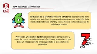 Reducción de la Mortalidad Infantil y Materna: abordamiento de la
salud materno-infantil, lo que puede resultar en una reducción de la
mortalidad materna e infantil y en una mejora en los indicadores de
salud reproductiva.
Prevención y Control de Epidemias: estrategias para prevenir y
controlar brotes de enfermedades infecciosas y epidemias, lo que
tiene un impacto directo en la seguridad y el bienestar de la
población.
 