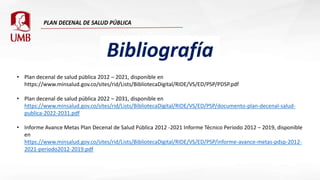 Bibliografía
• Plan decenal de salud pública 2012 – 2021, disponible en
https://www.minsalud.gov.co/sites/rid/Lists/BibliotecaDigital/RIDE/VS/ED/PSP/PDSP.pdf
• Plan decenal de salud pública 2022 – 2031, disponible en
https://www.minsalud.gov.co/sites/rid/Lists/BibliotecaDigital/RIDE/VS/ED/PSP/documento-plan-decenal-salud-
publica-2022-2031.pdf
• Informe Avance Metas Plan Decenal de Salud Pública 2012 -2021 Informe Técnico Periodo 2012 – 2019, disponible
en
https://www.minsalud.gov.co/sites/rid/Lists/BibliotecaDigital/RIDE/VS/ED/PSP/informe-avance-metas-pdsp-2012-
2021-periodo2012-2019.pdf
 