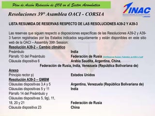 LISTA RESUMIDA DE RESERVAS RESPECTO DE LAS RESOLUCIONES A39-2 Y A39-3
Las reservas que siguen respecto a disposiciones esp...