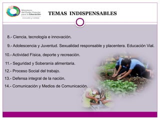 TEMAS INDISPENSABLES
8.- Ciencia, tecnología e innovación.
9.- Adolescencia y Juventud. Sexualidad responsable y placentera. Educación Vial.
10.- Actividad Física, deporte y recreación.
11.- Seguridad y Soberanía alimentaria.
12.- Proceso Social del trabajo.
13.- Defensa integral de la nación.
14.- Comunicación y Medios de Comunicación.
 