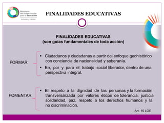 FINALIDADES EDUCATIVAS
FINALIDADES EDUCATIVAS
(son guías fundamentales de toda acción)
FORMAR
 Ciudadanos y ciudadanas a partir del enfoque geohistórico
con conciencia de nacionalidad y soberanía.
 En, por y para el trabajo social liberador, dentro de una
perspectiva integral.
FOMENTAR
 El respeto a la dignidad de las personas y la formación
transversalizada por valores éticos de tolerancia, justicia
solidaridad, paz, respeto a los derechos humanos y la
no discriminación.
Art. 15 LOE
 