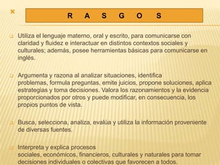
                      R      A     S     G      O       S

   Utiliza el lenguaje materno, oral y escrito, para comunicarse con
    claridad y fluidez e interactuar en distintos contextos sociales y
    culturales; además, posee herramientas básicas para comunicarse en
    inglés.

   Argumenta y razona al analizar situaciones, identifica
    problemas, formula preguntas, emite juicios, propone soluciones, aplica
    estrategias y toma decisiones. Valora los razonamientos y la evidencia
    proporcionados por otros y puede modificar, en consecuencia, los
    propios puntos de vista.

   Busca, selecciona, analiza, evalúa y utiliza la información proveniente
    de diversas fuentes.

   Interpreta y explica procesos
    sociales, económicos, financieros, culturales y naturales para tomar
    decisiones individuales o colectivas que favorecen a todos.
 