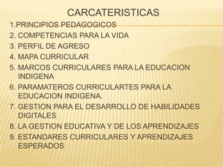 CARCATERISTICAS
1.PRINCIPIOS PEDAGOGICOS
2. COMPETENCIAS PARA LA VIDA
3. PERFIL DE AGRESO
4. MAPA CURRICULAR
5. MARCOS CURRICULARES PARA LA EDUCACION
   INDIGENA
6. PARAMATEROS CURRICULARTES PARA LA
   EDUCACION INDIGENA.
7. GESTION PARA EL DESARROLLO DE HABILIDADES
   DIGITALES
8. LA GESTION EDUCATIVA Y DE LOS APRENDIZAJES
9. ESTANDARES CURRICULARES Y APRENDIZAJES
   ESPERADOS
 