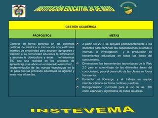 GESTIÓN ACADÉMICA


                 PROPOSITOS                                              METAS

Generar en forma continua en los docentes            A partir del 2013 se apoyará permanentemente a los
políticas de cambios e innovación con estímulos      docentes para continuar las capacitaciones externas e
internos de creatividad para acceder, apropiarse y   internas, la investigación        y la producción de
trasmitir a su comunidad educativa la información
                                                     herramientas educativas en todas las áreas del
y asuman la cibercultura y estas herramientas
TIC sea una realidad en los procesos de              conocimiento.
aprendizaje y se abran en el mercado electrónico.    Dimensionar las herramientas tecnológicas de la Web
Implementación de las nuevas tecnologías en la       2.0 para el aprendizaje de las diferentes áreas del
I.E para que los procesos educativos se agilicen y   conocimiento para el desarrollo de las clases en forma
sean más eficientes.                                 transversal.
                                                     Fomentar el liderazgo y el trabajo en equipo
                                                     interdisciplinario en forma continua y exitosa.
                                                     Reorganización curricular para el uso de las TIC
                                                     como esencial y significativa de todas las áreas.
 