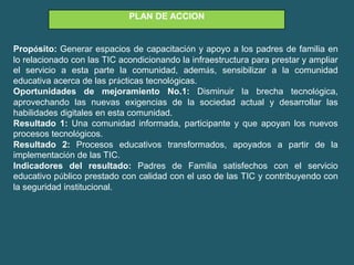 PLAN DE ACCION


Propósito: Generar espacios de capacitación y apoyo a los padres de familia en
lo relacionado con las TIC acondicionando la infraestructura para prestar y ampliar
el servicio a esta parte la comunidad, además, sensibilizar a la comunidad
educativa acerca de las prácticas tecnológicas.
Oportunidades de mejoramiento No.1: Disminuir la brecha tecnológica,
aprovechando las nuevas exigencias de la sociedad actual y desarrollar las
habilidades digitales en esta comunidad.
Resultado 1: Una comunidad informada, participante y que apoyan los nuevos
procesos tecnológicos.
Resultado 2: Procesos educativos transformados, apoyados a partir de la
implementación de las TIC.
Indicadores del resultado: Padres de Familia satisfechos con el servicio
educativo público prestado con calidad con el uso de las TIC y contribuyendo con
la seguridad institucional.
 