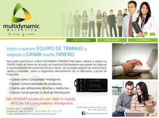 AFILIADOS       PRODUCTOS



                                                            COMO FUNCIONA                   COMO GANAR   LA EMPRESA



Únete a nuestro EQUIPO DE TRABAJO y
empieza a GANAR mucho DINERO.
Para poder pertenecer a MULTIDYNAMIC MARKETING debes afiliarte y adquirir tu
TOKEN (Llave de claves de acceso) con nuestros Distribuidores para poder así ingresar
a nuestra plataforma comercial virtual e iniciar con tu propio negocio de manera fácil,
rápida y confiable; como si negociaras directamente con el fabricante a precio de
mayorista.
  •   Ganas       como Consumidor Inteligente.
  •   Ganas       Comercializando los productos.
  •   Ganas       por afiliaciones directas e indirectas.
  •   Ganas       construyendo tu Red de Distribución.

NO VENDAS productos por toda la ciudad,
  AFILIA YA Consumidores Inteligentes.
                                                               Multidynamic Marketing S.A.S.
Medellín (Ant.) - COLOMBIA                                               Nit: 900.368.503-2
Diagonal 47 Calle 15 Sur 51 - (57-4) 448 4757 - 411 1757
email: servicioalcliente@multidynamicmarketing.com                     MM.MultidynamicMarketing
 