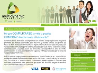 AFILIADOS   PRODUCTOS



                                                      COMO FUNCIONA              COMO GANAR                 LA EMPRESA


    1. Ganas como Consumidor Inteligente.

    COMPLICARSE la vida si puedes
Porque
COMPRAR directamente al fabricante?
Ganamos dinero ahorrando si compramos con nuestro código a precio de mayorista
productos de marcas reconocidas para nosotros y nuestra familia, con precios de
hasta un 70% menos en el mercado. Es importante recalcar que todos los productos
representados en nuestro portal están autorizados por cada marca respectiva para su
comercialización, pagando todos los impuestos correspondientes ante la DIAN,
convirtiéndolos en productos totalmente legales y 100% garantizados por la empresa     Plan de Compensación
representada en Colombia.
1                                                                                        1. Ganas como Consumidor
                                                                                         4. Inteligente.
Podrás realizar tus pagos electrónicamente con Tarjeta Crédito VISA, Tarjeta Débito
VISA y cancelando en efectivo en todas las oficinas de WESTERN UNION y en el Banco       2. Ganas Comercializando los
Caja Social BCSC a nivel nacional. Unicamente podrás comprar 6 artículos por             4. productos.
referencia diariamente para garantizar que todos los afiliados tengan las mismas
                                                                                         3. Ganas por afiliaciones
oportunidades de acceso a los productos.                                                 4. directas e indirectas.

                                                                                         4. Ganas construyendo tu
                                                                                         4. Red de Distribución.
 