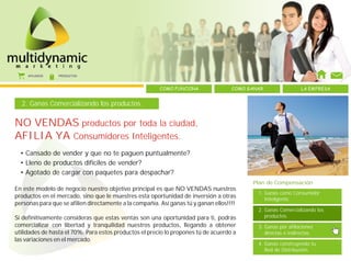 AFILIADOS   PRODUCTOS



                                                        COMO FUNCIONA                COMO GANAR                 LA EMPRESA


  2. Ganas Comercializando los productos.


NO VENDAS productos por toda la ciudad,
AFILIA YA Consumidores Inteligentes.
  • Cansado de vender y que no te paguen puntualmente?
  • Lleno de productos difíciles de vender?
  • Agotado de cargar con paquetes para despachar?
                                                                                           Plan de Compensación
En este modelo de negocio nuestro objetivo principal es que NO VENDAS nuestros
                                                                                             1. Ganas como Consumidor
productos en el mercado, sino que le muestres esta oportunidad de inversión a otras          4. Inteligente.
personas para que se afilien directamente a la compañía. Así ganas tú y ganan ellos!!!!
                                                                                             2. Ganas Comercializando los
Si definitivamente consideras que estas ventas son una oportunidad para ti, podrás           4. productos.
comercializar con libertad y tranquilidad nuestros productos, llegando a obtener             3. Ganas por afiliaciones
utilidades de hasta el 70%. Para estos productos el precio lo propones tú de acuerdo a       4. directas e indirectas.
las variaciones en el mercado.
                                                                                             4. Ganas construyendo tu
                                                                                             4. Red de Distribución.
 