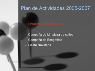 Plan de Actividades 2005-2007
• Octubre – Diciembre, 2005
- Campaña de Limpieza de calles
- Campaña de Ecografias
- Fiesta Navideña
 