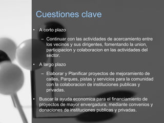 Cuestiones clave
• A corto plazo
– Continuar con las actividades de acercamiento entre
los vecinos y sus dirigentes, fomentando la union,
participacion y colaboracion en las actividades del
sector.
• A largo plazo
– Elaborar y Planificar proyectos de mejoramiento de
calles, Parques, pistas y servicios para la comunidad
con la colaboracion de instituciones publicas y
privadas.
• Buscar la ayuda economica para el financiamiento de
proyectos de mayor envergadura, mediante convenios y
donaciones de instituciones publicas y privadas.
 