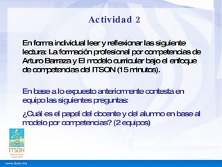 En forma individual leer y reflexionar las siguiente lectura: La formación profesional por competencias de Arturo Barraza y El modelo curricular bajo el enfoque de competencias del ITSON (15 minutos). Actividad 2 En base a lo expuesto anteriormente contesta en equipo las siguientes preguntas: ¿Cuál es el papel del docente y del alumno en base al modelo por competencias? (2 equipos) 