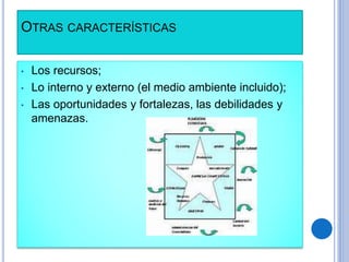 OTRAS CARACTERÍSTICAS
• Los recursos;
• Lo interno y externo (el medio ambiente incluido);
• Las oportunidades y fortalezas, las debilidades y
amenazas.
 