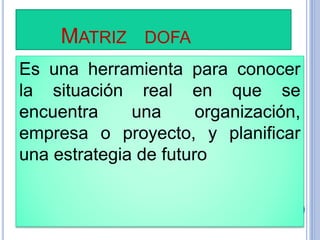 MATRIZ DOFA
Es una herramienta para conocer
la situación real en que se
encuentra una organización,
empresa o proyecto, y planificar
una estrategia de futuro
 