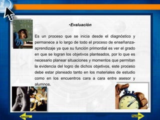 •Evaluación
Es un proceso que se inicia desde el diagnóstico y
permanece a lo largo de todo el proceso de enseñanza-
aprendizaje ya que su función primordial es ver el grado
en que se logran los objetivos planteados, por lo que es
necesario planear situaciones y momentos que permitan
la evidencia del logro de dichos objetivos, este proceso
debe estar planeado tanto en los materiales de estudio
como en los encuentros cara a cara entre asesor y
alumnos.
Siguiente
Anterior
 