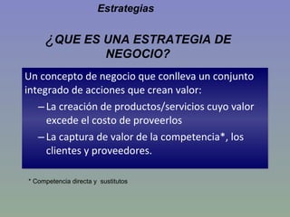 ¿ QUE ES UNA ESTRATEGIA DE NEGOCIO? Un concepto de negocio que conlleva un conjunto integrado de acciones que crean valor: La creación de productos/servicios cuyo valor excede el costo de proveerlos La captura de valor de la competencia*, los clientes y proveedores. * Competencia directa y  sustitutos Estrategias 