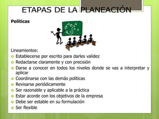 Políticas 
Lineamientos: 
 Establecerse por escrito para darles validez 
 Redactarse claramente y con precisión 
 Darse a conocer en todos los niveles donde se vas a interpretar y 
aplicar 
 Coordinarse con las demás políticas 
 Revisarse periódicamente 
 Ser razonable y aplicable a la práctica 
 Estar acorde con los objetivos de la empresa 
 Debe ser estable en su formulación 
 Ser flexible 
 