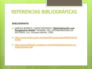 REFERENCIAS BIBLIOGRÁFICAS 
BIBLIOGRAFIA 
 HAROLD KOONTZ y HEINZ WEIHRICH “Administración una 
Perspectiva Global” McGRAW- HILL INTERAMERICANA DE 
EDITORES, S.A., Onceava edición, 1999. 
 http://www.tuobra.unam.mx/obrasPDF/publicadas/04092418232 
4.html 
 http://sparmas80.files.wordpress.com/2010/02/planificacion-en-organizaciones. 
pdf 
 