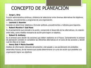 CONCEPTO DE PLANEACIÓN 
 Jorge L. Oria 
Función administrativa continua y dinámica de seleccionar entre diversas alternativas los objetivos, 
políticas, procedimientos y programas de una organización. 
 Leonard J. Kazmier 
Consiste en determinar objetivos y formular políticas, procedimientos y métodos para lograrlos. 
 Robert Murdick Y Joel Ross 
Es el pensamiento que precede a la acción, comprende el desarrollo de las alternativas y la relación 
entre ellas, como medida necesaria de acción para lograr un objetivo. 
 Robert N. Anthony 
Es el proceso para decidir las acciones que deben realizarse en el futuro. Generalmente el proceso 
de planeación consiste en considerar las diferentes alternativas en el curso de las acciones y decidir 
cual de ellas es la mejor. 
 Henry Sisk Y Mario Sverdlik 
Análisis de información relevante del presente y del pasado y una ponderación de probables 
desarrollos futuros, de tal manera que pueda determinarse un curso de acción que posibilite a la 
organización lograr sus objetivos 
 