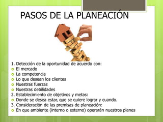 PASOS DE LA PLANEACIÓN 
1. Detección de la oportunidad de acuerdo con: 
 El mercado 
 La competencia 
 Lo que desean los clientes 
 Nuestras fuerzas 
 Nuestras debilidades 
2. Establecimiento de objetivos y metas: 
 Donde se desea estar, que se quiere lograr y cuando. 
3. Consideración de las premisas de planeación: 
 En que ambiente (interno o externo) operarán nuestros planes 
 