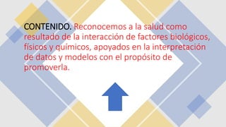 CONTENIDO. Reconocemos a la salud como
resultado de la interacción de factores biológicos,
físicos y químicos, apoyados en la interpretación
de datos y modelos con el propósito de
promoverla.
 