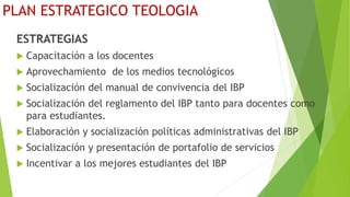 PLAN ESTRATEGICO TEOLOGIA
ESTRATEGIAS
 Capacitación a los docentes
 Aprovechamiento de los medios tecnológicos
 Socialización del manual de convivencia del IBP
 Socialización del reglamento del IBP tanto para docentes como
para estudiantes.
 Elaboración y socialización políticas administrativas del IBP
 Socialización y presentación de portafolio de servicios
 Incentivar a los mejores estudiantes del IBP
 