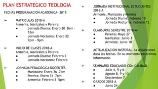 FECHAS PROGRAMACION ACADEMICA- 2018
➢ MATRICULAS 2018-A
Armenia, Manizales y Pereira
● Jornada Diurna: Enero 20 8am –
12m
● Jornada Nocturna: Enero 22
7pm – 9pm
➢ INICIO DE CLASES 2018-A
Armenia, Manizales y Pereira
● Jornada Diurna: Febrero 3
● Jornada Nocturna: Febrero
➢ JORNADA PEDAGOGICA DOCENTES
● Manizales: Enero 26 7pm
● Pereira: Enero 31 7pm
● Armenia: Febrero 2 5pm
➢ JORNADA INSTITUCIONAL ESTUDIANTES
2018-A
Armenia. Manizales y Pereira
● Jornada Diurna: Febrero 10
● Jornada Nocturna: Febrero 12
➢ CLAUSURAS SEMESTRE 2018-A
● Pereira: Mayo 27
● Manizales: Junio 3
● Armenia: Junio 10
➢ ACTUALIZACION PASTORAL. la universidad
dará las fechas. En su momento estaremos
informando.
➢ SEMINARIO EDUCANDO CON CALIDAD
o Julio 4, 5 y 6
o Agosto 8, 9 y 10
o Septiembre 7
➢ GRADOS 2018-A
● Junio 24
 