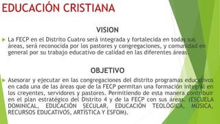 EDUCACIÓN CRISTIANA
VISION
 La FECP en el Distrito Cuatro será integrada y fortalecida en todas sus
áreas, será reconocida por los pastores y congregaciones, y comunidad en
general por su trabajo educativo de calidad en las diferentes áreas.
OBJETIVO
 Asesorar y ejecutar en las congregaciones del distrito programas educativos
en cada una de las áreas que de la FECP permitan una formación integral en
los creyentes, servidores y pastores. Permitiendo de esta manera contribuir
en el plan estratégico del Distrito 4 y de la FECP con sus áreas. (ESCUELA
DOMINICAL, EDUCACIÓN SECULAR, EDUCACIÓN TEOLÓGICA, MÚSICA,
RECURSOS EDUCATIVOS, ARTÍSTICA Y ESFOM).
 