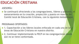 EDUCACIÓN CRISTIANA
ASESORÍA:
 Se continuará ofreciendo a las congregaciones, líderes y pastores, el
asesoramiento en la creación, proyección y puesta en marcha del
Comité local de Educación Cristiana, con la siguiente metodología:
PROGRAMAS OFERTADOS:
 1. Capacitación a los líderes locales enfocada en cada una de las
áreas de Educación Cristiana en nuestro distrito.
 2. Continuar implementando la FECP en las congregaciones donde
aún no se tiene conformada.
 