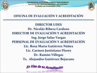 OFICINA DE EVALUACIÓN Y ACREDITACIÓN DIRECTOR UDES Dr. Nicolás Ribera Cardozo DIRECTOR DE EVALUACIÓN Y ACREDITACIÓN Ing. Jorge Salas Vargas PERSONAL DE EVALUACIÓN Y ACREDITACIÓN Lic. Rosa María Gutiérrez Núñez Lic. Carmen Justiniano Flores Dr. Ramón Villegas Ts.  Alejandro Gutiérrez Bejarano UNIVERSIDAD AUTONOMA GABRIEL RENE MORENO FACULTAD DE CIENCIAS EXACTAS Y TECNOLOGIA CARRERA DE INGENIERIA CIVIL 