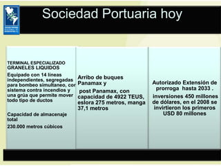Sociedad Portuaria hoy


TERMINAL ESPECIALIZADO
GRANELES LIQUIDOS
Equipado con 14 líneas
independientes, segregadas Arribo de buques
para bombeo simultaneo, con Panamax y                  Autorizado Extensión de
sistema contra incendios y  post Panamax, con            prorroga hasta 2033 .
una grúa que permite mover capacidad de 4922 TEUS,     inversiones 450 millones
todo tipo de ductos         eslora 275 metros, manga   de dólares, en el 2008 se
                          37,1 metros                   invirtieron los primeros
Capacidad de almacenaje                                     USD 80 millones
total
230.000 metros cúbicos




                                                                          20
 