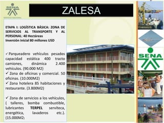 ZALESA
ETAPA I: LOGÍSTICA BÁSICA: ZONA DE
SERVICIOS AL TRANSPORTE Y AL
PERSONAL: 40 Hectáreas
Inversión inicial 80 millones USD


 Parqueadero    vehículos pesados
capacidad estática 400 tracto
camiones,       dinámica     2.400
vehículos. (90.000 M2)
 Zona de oficinas y comercial. 50
oficinas. (10.000M2)
 Zona hotelera 85 habitaciones y
restaurante. (3.800M2)

 Zona de servicios a los vehículos,
( talleres, bomba combustible,
lubricantes   TERPEL      servíteca,
energética,    lavaderos       etc.).
(15.000M2)
 