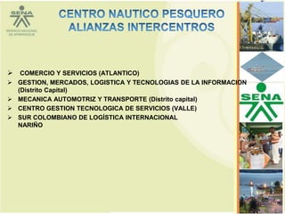  COMERCIO Y SERVICIOS (ATLANTICO)
 GESTION, MERCADOS, LOGISTICA Y TECNOLOGIAS DE LA INFORMACION
  (Distrito Capital)
 MECANICA AUTOMOTRIZ Y TRANSPORTE (Distrito capital)
 CENTRO GESTION TECNOLOGICA DE SERVICIOS (VALLE)
 SUR COLOMBIANO DE LOGÍSTICA INTERNACIONAL
  NARIÑO




                                                                 65
 