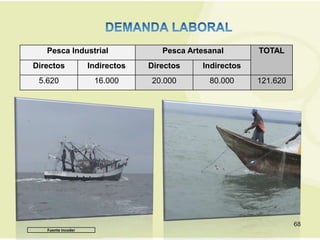 Pesca Industrial                 Pesca Artesanal       TOTAL
Directos            Indirectos   Directos    Indirectos
 5.620               16.000      20.000        80.000     121.620




                                                                    68
   Fuente incoder
 