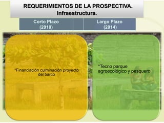 REQUERIMIENTOS DE LA PROSPECTIVA.
              Infraestructura.
          Corto Plazo                Largo Plazo
            (2010)                      (2014)




                                     *Tecno parque
*Financiación culminación proyecto   agroecológico y pesquero
             del barco
 