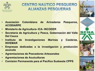 • Asociación Colombiana de Armadores Pesqueros,
  ACODIARPE
• Ministerio de Agricultura- ICA- INCODER
• Secretaría de Agricultura y Pesca, Gobernación del Valle
  Del Cauca
• Instituto de Investigaciones Marinas y Costeras,
  INVEMAR
• Empresas dedicadas a la investigación y producción
  acuícola
• Agremiaciones de Pescadores Artesanales
• Agremiaciones de Acuiculturas
• Comisión Permanente para el Pacífico Sudoeste CPPS
                                                             88
 