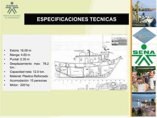 ESPECIFICACIONES TECNICAS




•   Eslora: 16.00 m
•   Manga: 4.60 m
•   Puntal: 2.35 m
•   Desplazamiento max: 78.2
    ton.
•   Capacidad neta: 12.0 ton.
•   Material: Plástico Reforzado
•   Acomodación: 15 personas
•   Motor: 220 hp
 