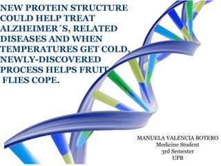 NEW PROTEIN STRUCTURE 
COULD HELP TREAT 
ALZHEIMER´S, RELATED 
DISEASES AND WHEN 
TEMPERATURES GET COLD, 
NEWLY-DISCOVERED 
PROCESS HELPS FRUIT 
FLIES COPE. 
MANUELA VALENCIA BOTERO 
Medicine Student 
3rd Semester 
UPB 
 