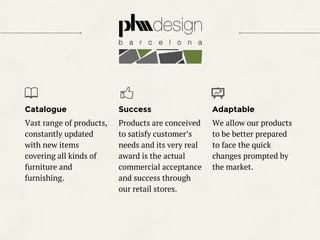 Catalogue
Vast range of products,
constantly updated
with new items
covering all kinds of
furniture and
furnishing.
Success
Products are conceived
to satisfy customer’s
needs and its very real
award is the actual
commercial acceptance
and success through
our retail stores.
Adaptable
We allow our products
to be better prepared
to face the quick
changes prompted by
the market.
 