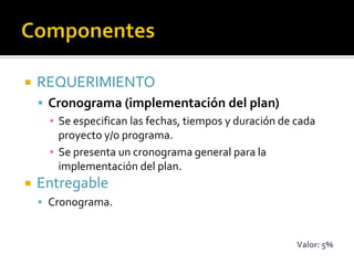    REQUERIMIENTO
     Cronograma (implementación del plan)
      ▪ Se especifican las fechas, tiempos y duración de cada
        proyecto y/o programa.
      ▪ Se presenta un cronograma general para la
        implementación del plan.
   Entregable
     Cronograma.


                                                         Valor: 5%
 
