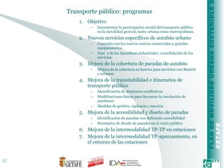 Transporte público: programas  Objetivo Incrementar la participación modal del transporte público en la movilidad general, tanto urbana como metropolitana. Nuevos servicios específicos de autobús urbano Conexión con los nuevos centros comerciales y grandes equipamientos. Fase  2 de las lanzaderas industriales: consolidación de los servicios. Mejora de la cobertura de paradas de autobús Mejora de la cobertura en barrios para servicios con Madrid y urbanos Mejora de la transitabilidad e itinerarios de transporte público Identificación de itinerarios conflictivos Modificaciones físicas para favorecer la circulación de autobuses Medidas de gestión, vigilancia y sanción. Mejora de la accesibilidad y diseño de paradas Identificación de paradas con deficiente accesibilidad Normativa de diseño de paradas en el viario público Mejora de la intermodalidad TP-TP en estaciones Mejora de la intermodalidad TP-aparcamiento, en el entorno de las estaciones 