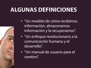 •  “Un modelo de cómo recibimos
información, almacenamos
información y la recuperamos”.
•  “Un enfoque revolucionario a la
comunicación humana y el
desarrollo”.
•  “Un manual de usuario para el
cerebro”.
ALGUNAS DEFINICIONES	
  
7	
  
 