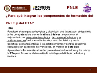 Para
•Fortalecer estrategias pedagógicas y didácticas, que favorezcan el desarrollo
de las competencias comunicativas básicas, en particular el
mejoramiento del comportamiento lector, la comprensión lectora y la
producción textual de los estudiantes de preescolar, básica y media
•Beneficiar de manera integral a los establecimientos y centros educativos
focalizados con calidad de intervenciones, en materia de dotación
•Aprovechar la formación situada que realizan los formadores y los tutores
de PTA para fortalecer el desarrollo de estrategias didácticas de lectura y
escritura
¿Para qué integrar los componentes de formación del
PNLE y del PTA?
17
PNLE
 
