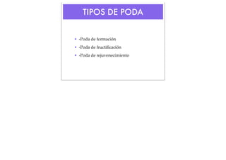 TIPOS DE PODA
• -Poda de formación
• -Poda de fructiﬁcación
• -Poda de rejuvenecimiento

 