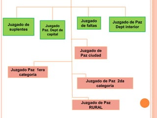 Juzgado de 
suplentes 
Juzgado 
Paz. Dept de 
capital 
Juzgado 
de faltas 
Juzgado de Paz 
Dept interior 
Juzgado de 
Paz ciudad 
Juzgado Paz 1era 
categoría 
Juzgado de Paz 2da 
categoría 
Juzgado de Paz 
RURAL 
 